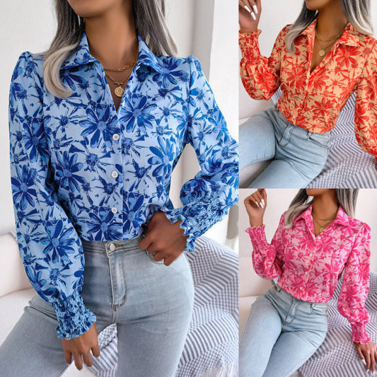 Women Fashion Casual Color Block Floral Print Lapel Blouse