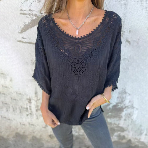Women Casual Boho Loose Hollow-Out Embroidered Long-Sleeve Blouse
