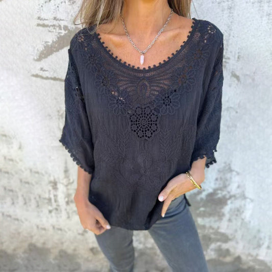Women Casual Boho Loose Hollow-Out Embroidered Long-Sleeve Blouse