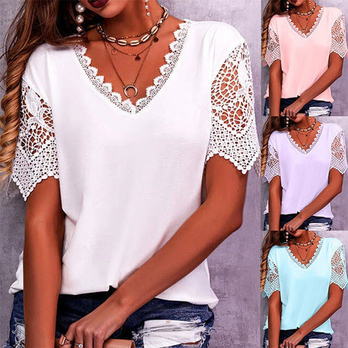 Women Casual Solid Color Lace Patchwork Loose V-Neck Short-Sleeved Blouse