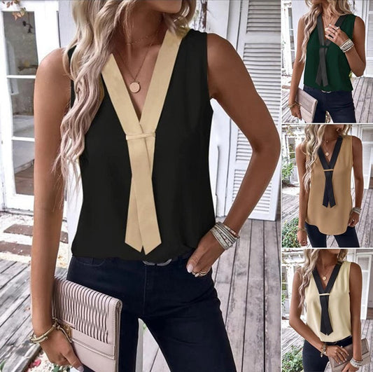 Women Casual V Neck Blocking Color Sleeveless Office Chic Tank Blouse