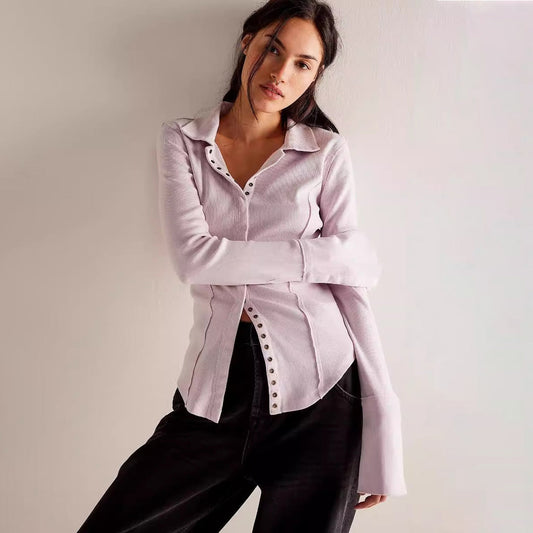 Women Fashion Casual Solid Color Long Sleeve Slim-Fit Lapel Single Breasted Blouse
