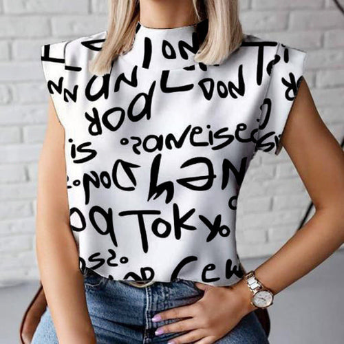 Women Casual Office Summer Letter Print Short Sleeves Blouse
