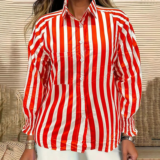 Women Fashion Casual Loose Plus Size Stripe Lapel Long-Sleeve Blouse