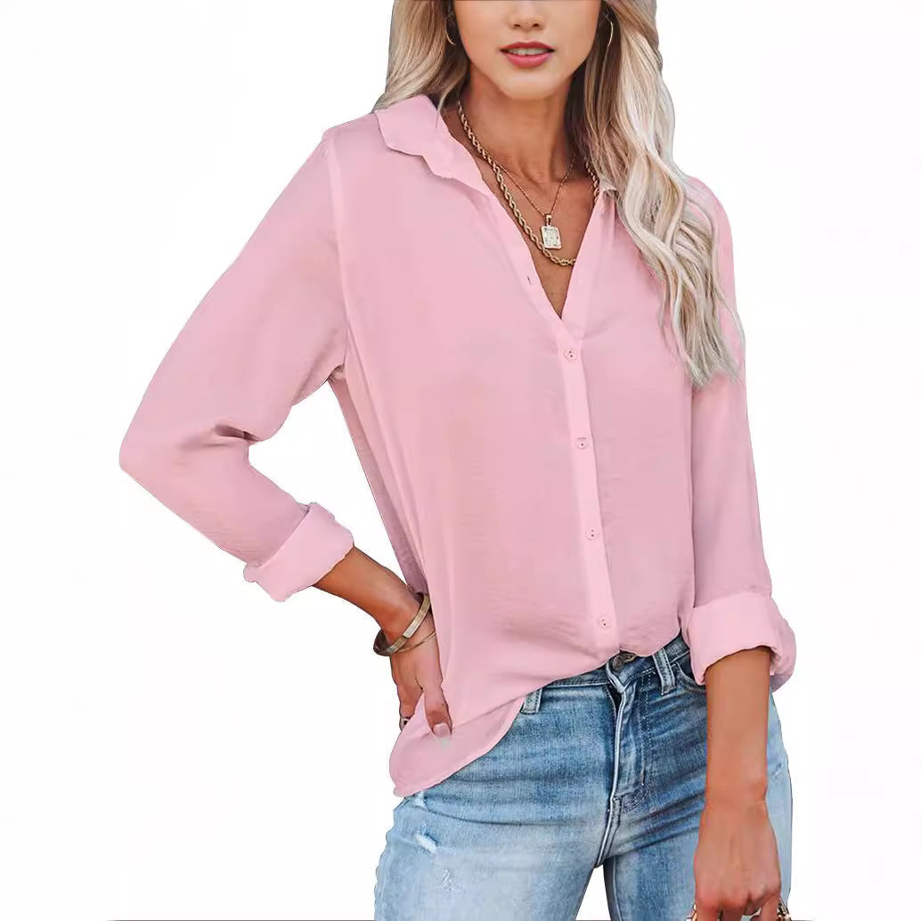 Women Casual Simple Solid Color Lapel Long Sleeve Blouse