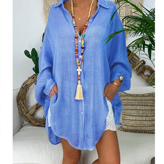 Women Plus Size Casual Basic Solid Color Long Sleeves Beach Style Blouse