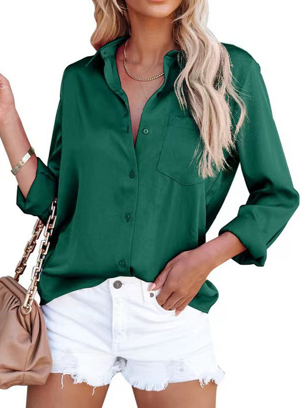 Women Fashion Casual Solid Color Lapel Long-Sleeve Blouse