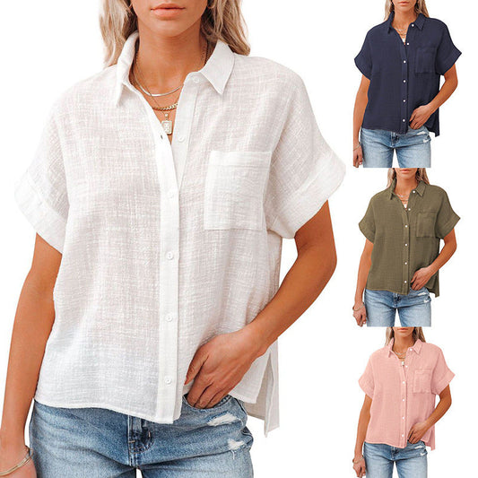 Women Summer Loose Button Short Sleeve Solid Color Casual Blouse Shirt