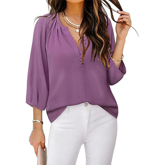 Women Fashion Casual Solid Color Chiffon V-Neck Long-Sleeve Blouse
