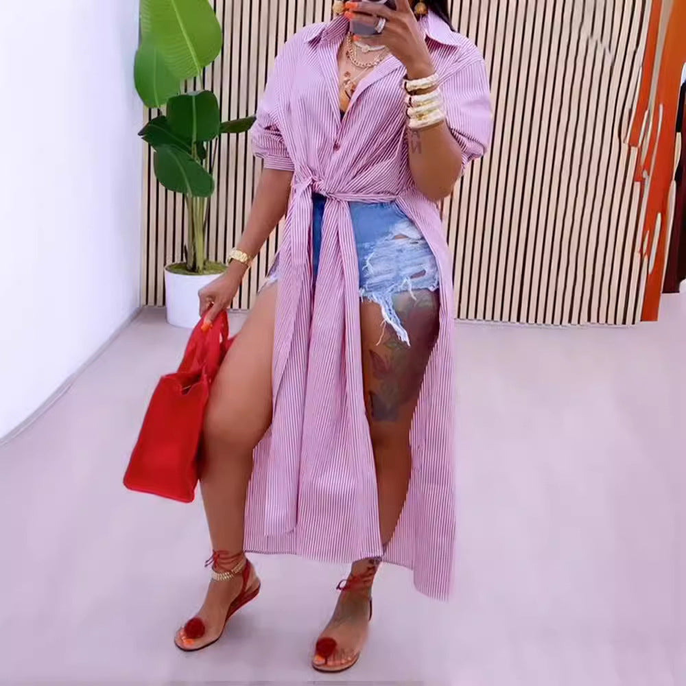 Women Fashion Casual Stripe Lapel Long Sleeve Split Long Blouse