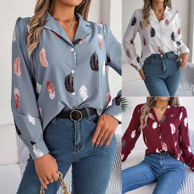 Women Fashion Casual Feather Print Long Sleeve Blouse
