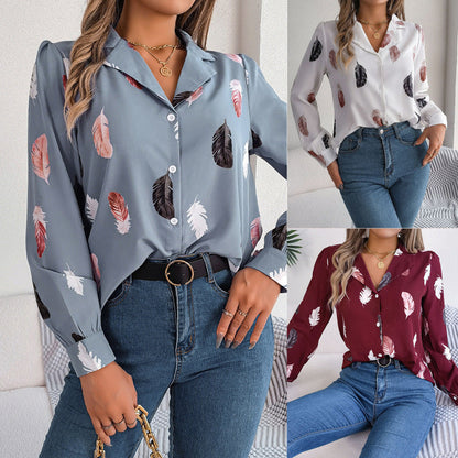 Women Fashion Casual Feather Print Long Sleeve Blouse