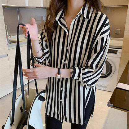 Women Casual Black White Stripe Print Long Sleeve Blouses