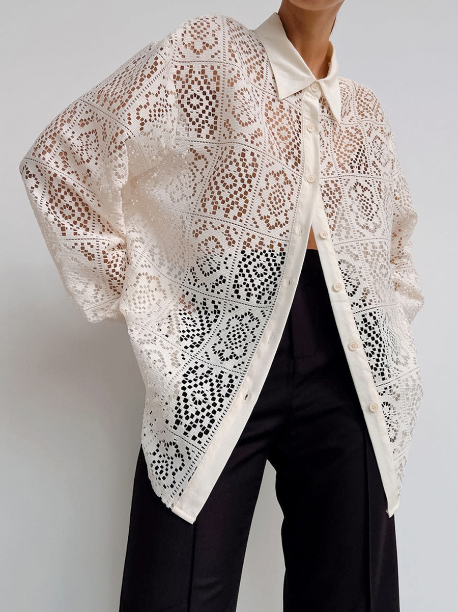 Women Casual Elegant Lace Hollow Lapel Long Sleeve Single Breasted Blouse