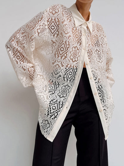 Women Casual Elegant Lace Hollow Lapel Long Sleeve Single Breasted Blouse