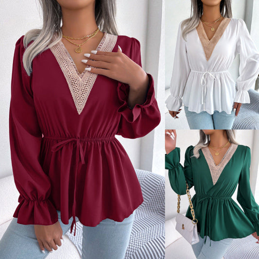 Women Fashion Casual Office V-Neck Lace-Up Defined Waist Ruffled Chiffon Blouse