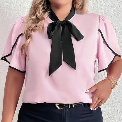Women Fashion Casual Plus Size Color Matching Lace-Up Bowknot Short-Sleeve Blouse