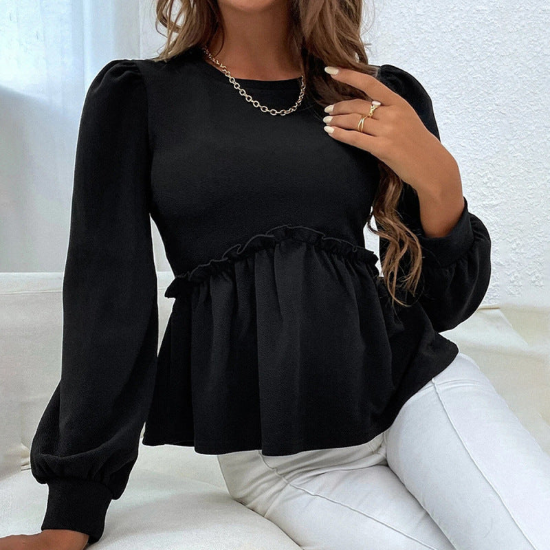Women Sweet Edgy Loose Casual Long Puff Sleeves Ruffled Temperament Blouse