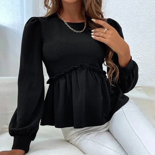 Women Sweet Edgy Loose Casual Long Puff Sleeves Ruffled Temperament Blouse