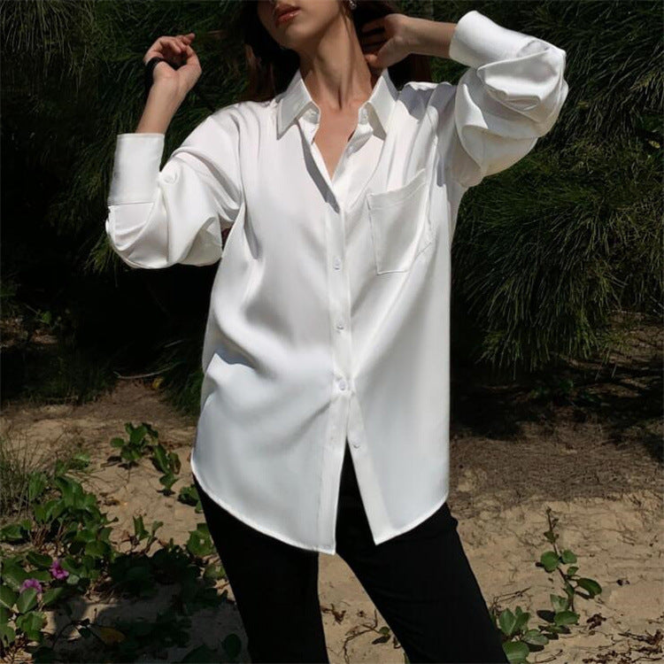 Women Fashion Casual Solid Color Satin Lapel Long-Sleeve Blouse