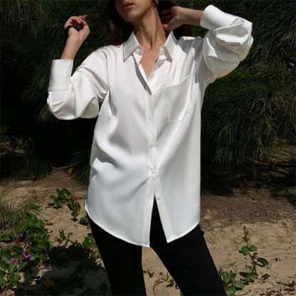 Women Fashion Casual Solid Color Satin Lapel Long-Sleeve Blouse