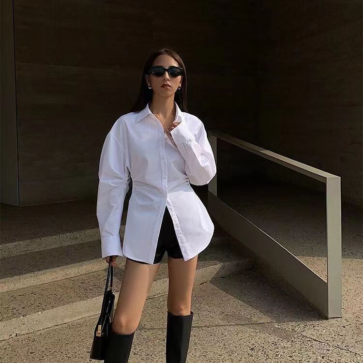 Women Fashion Casual Simple Solid Color Lapel Long Sleeve Blouse