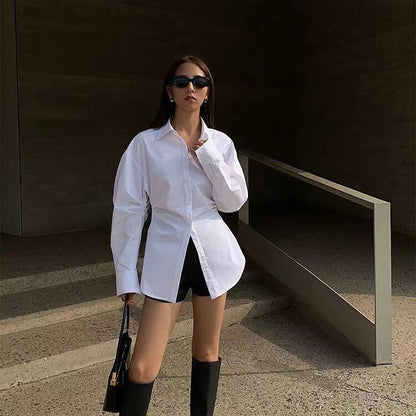 Women Fashion Casual Simple Solid Color Lapel Long Sleeve Blouse