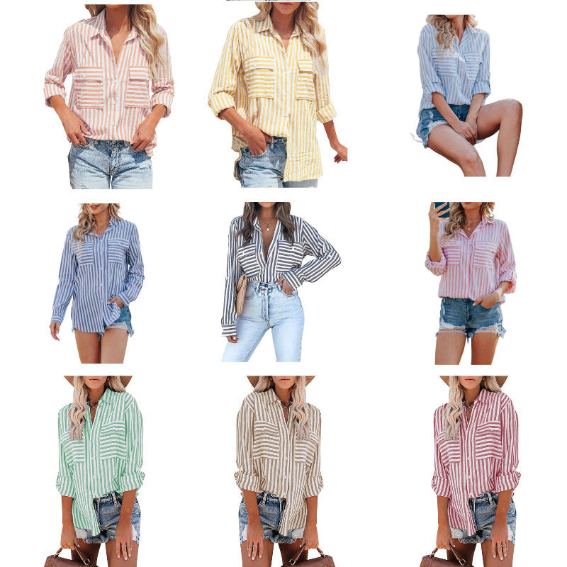 Women Casual Cotton Stripe Single-Breasted Long-Sleeved Shirt Blouse