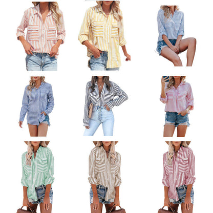 Women Casual Cotton Stripe Single-Breasted Long-Sleeved Shirt Blouse