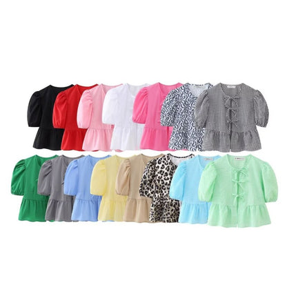 Women Sweet Casual Puff Sleeve Bow Knot Ruffled Stripe Leopard Blouse