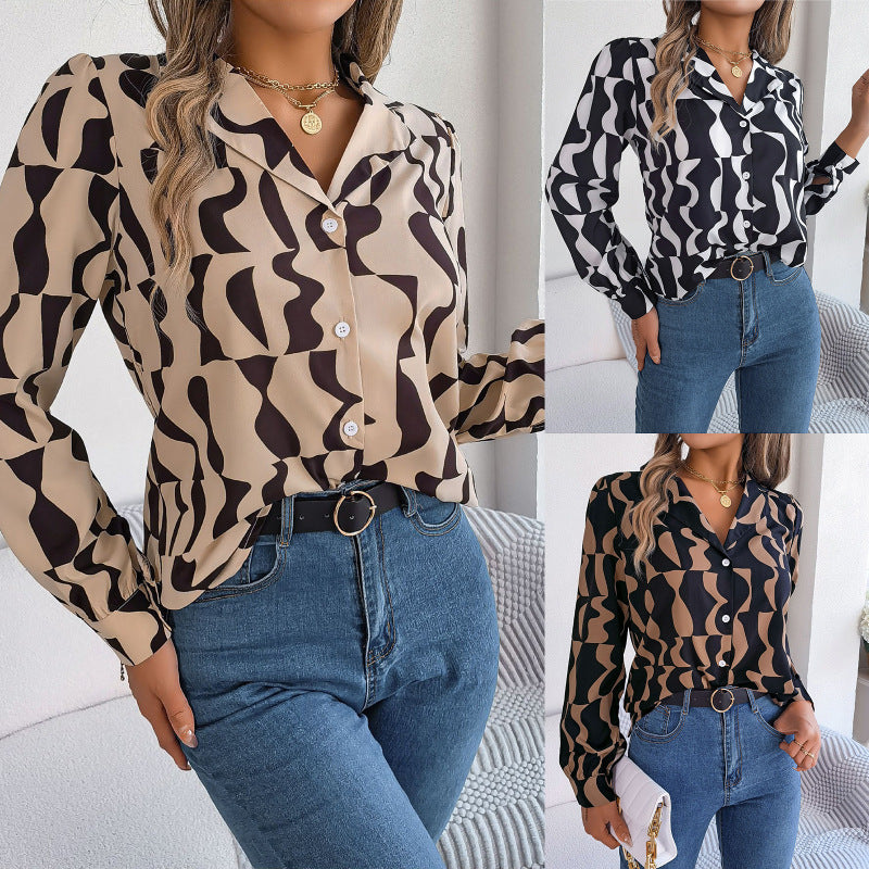 Women Fashion Casual Office Color Block Stripe Long Sleeve Blouse