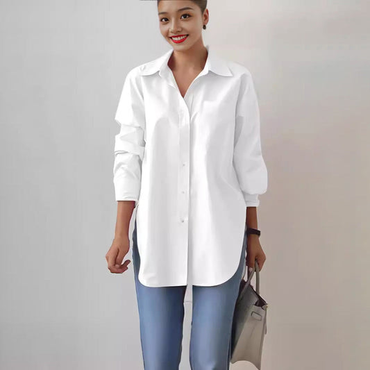 Women Casual Simple Solid Color Lapel Long Sleeve Single Breasted Split Blouse