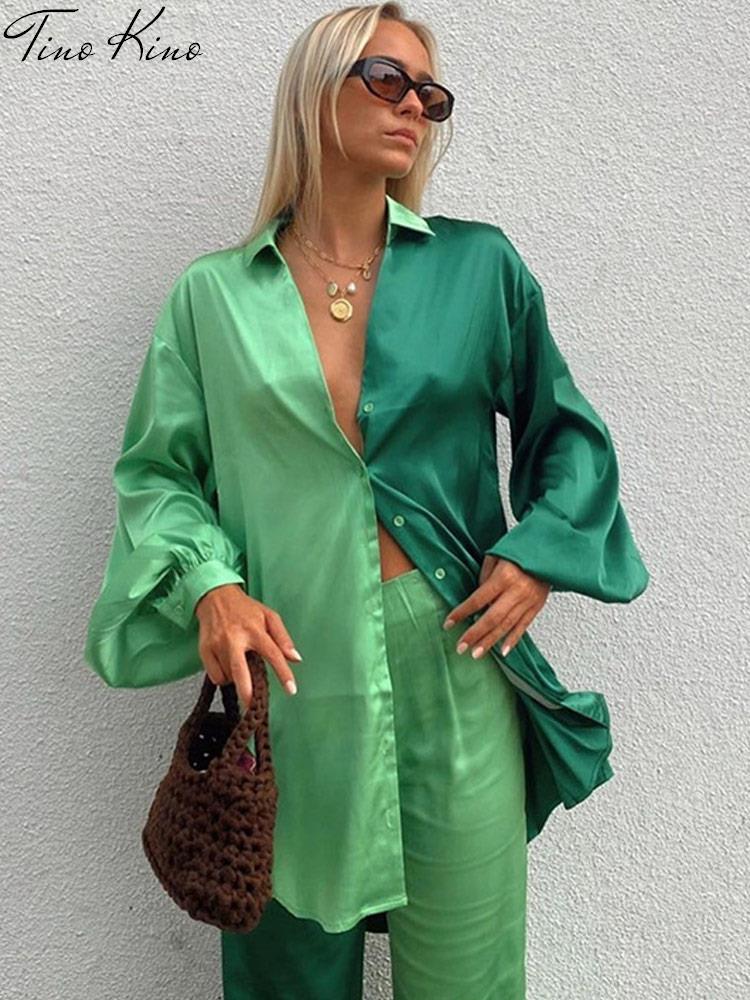 Women Patckwork Shirt Pant Two Piece Set Casual Long Sleeve Shirt Blouse High Waist Pant Suit
