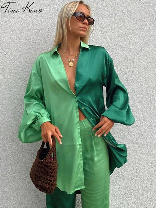 Women Patckwork Shirt Pant Two Piece Set Casual Long Sleeve Shirt Blouse High Waist Pant Suit