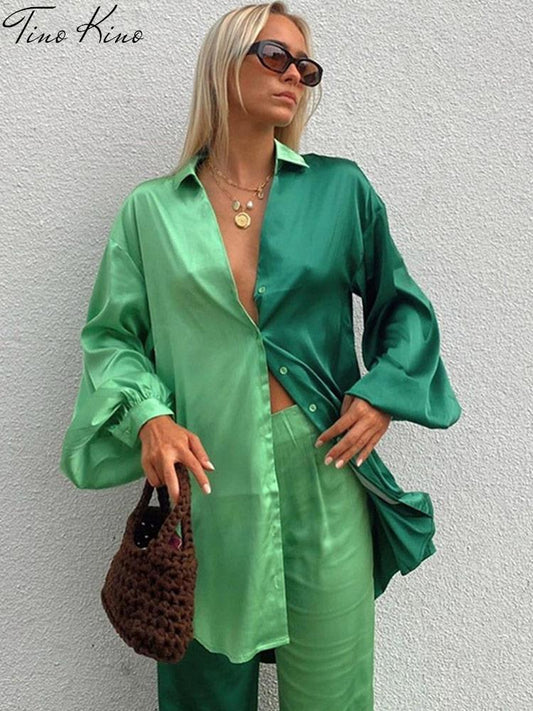 Women Patckwork Shirt Pant Two Piece Set Casual Long Sleeve Shirt Blouse High Waist Pant Suit