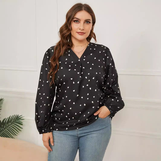 Women Casual Plus Size Printed V-Neck Long Sleeve Blouse