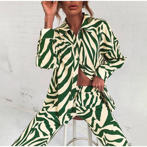 Women Fashion Casual Stripe Print Long Sleeve Blouse Pants Set