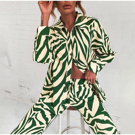 Women Fashion Casual Stripe Print Long Sleeve Blouse Pants Set
