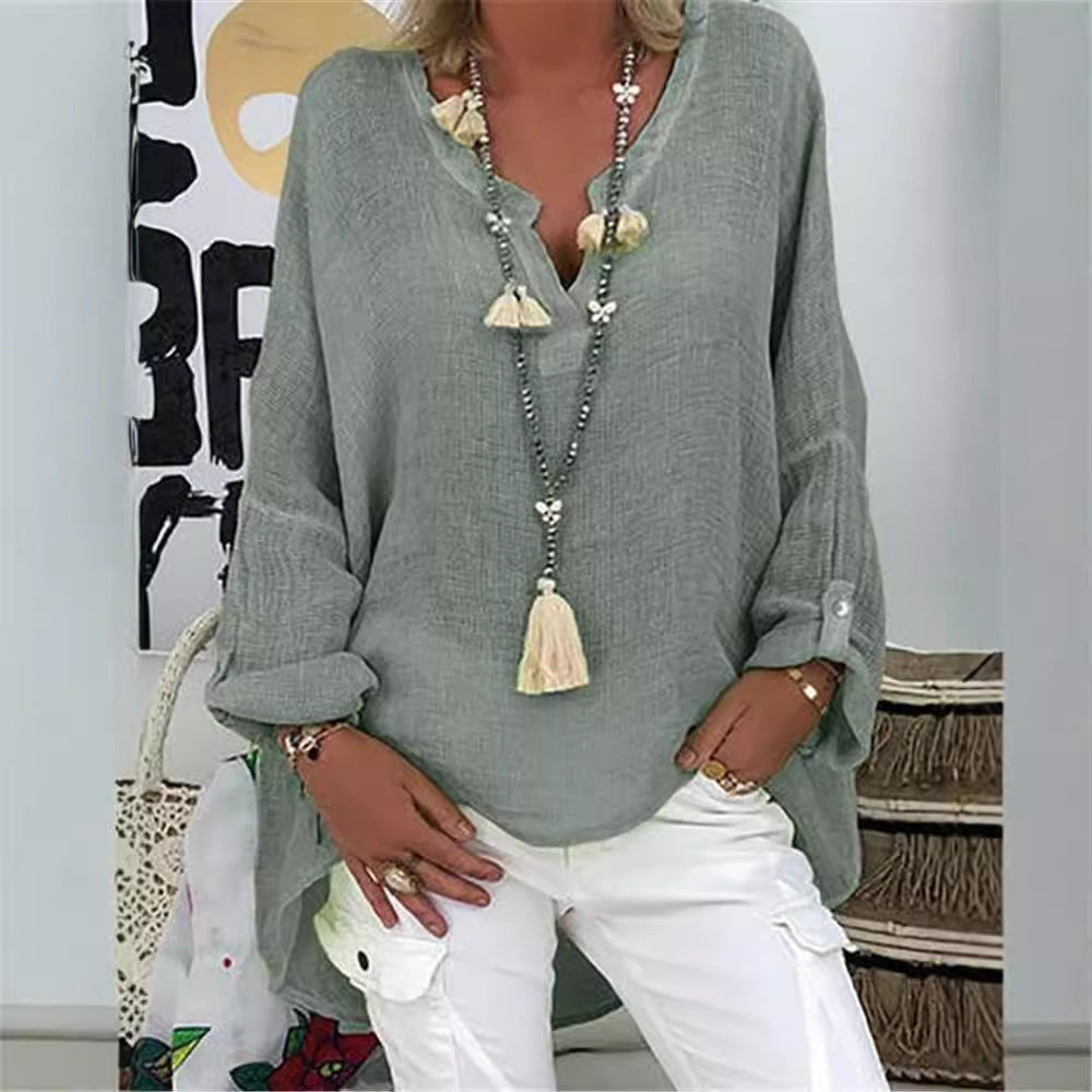 Plus Size Solid Long Sleeve Women Loose Casual V Neck Blouse
