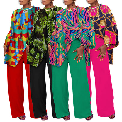 Women Spring Autumn Fashion Loose Casual Plus Size Print Blouse Pants Set