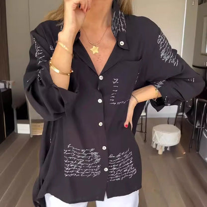 Women Fashion Casual Letter Printed Lapel Long-Sleeve Blouse
