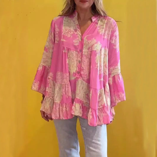 Summer Women Casual Irregular Printed Long-Sleeved Ruffled Blouse