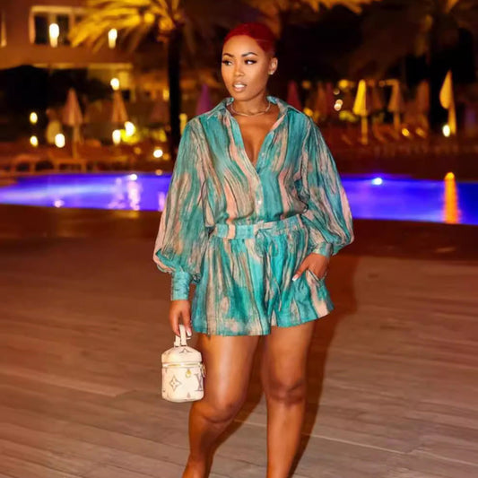 Women Fashion Casual Printed Lapel Long-Sleeve Blouse Loose Shorts Two-Piece Set
