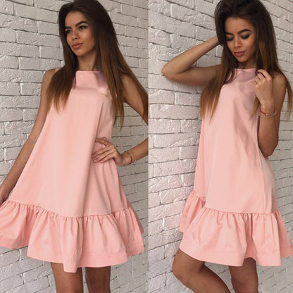 Summer Women Casual Solid Color Beach Party Ruffled Sleeveless Fashion Mini Dress