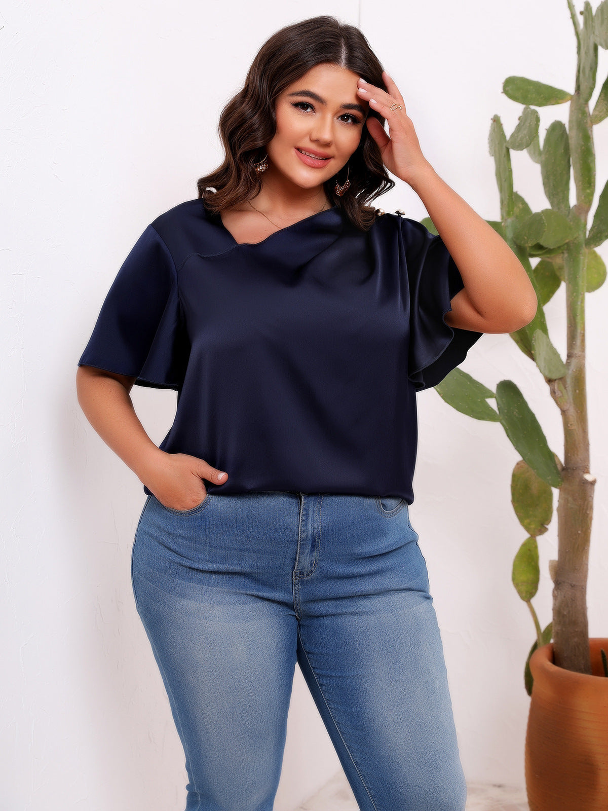 Women Casual Solid Color Satin Plus Size Pleated Ruffle Sleeve Blouse