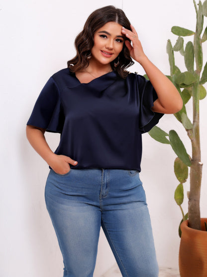 Women Casual Solid Color Satin Plus Size Pleated Ruffle Sleeve Blouse