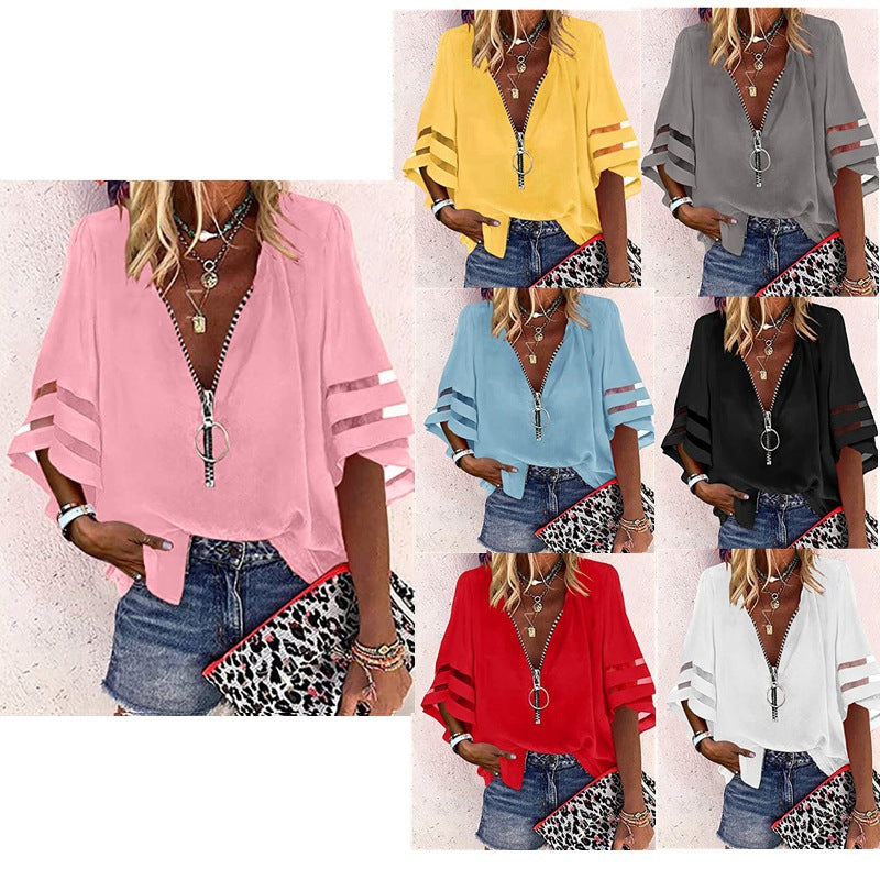 Casual V Neck Women Half Zipper Flare Sleeve Blouse