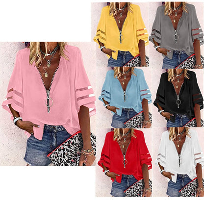 Casual V Neck Women Half Zipper Flare Sleeve Blouse