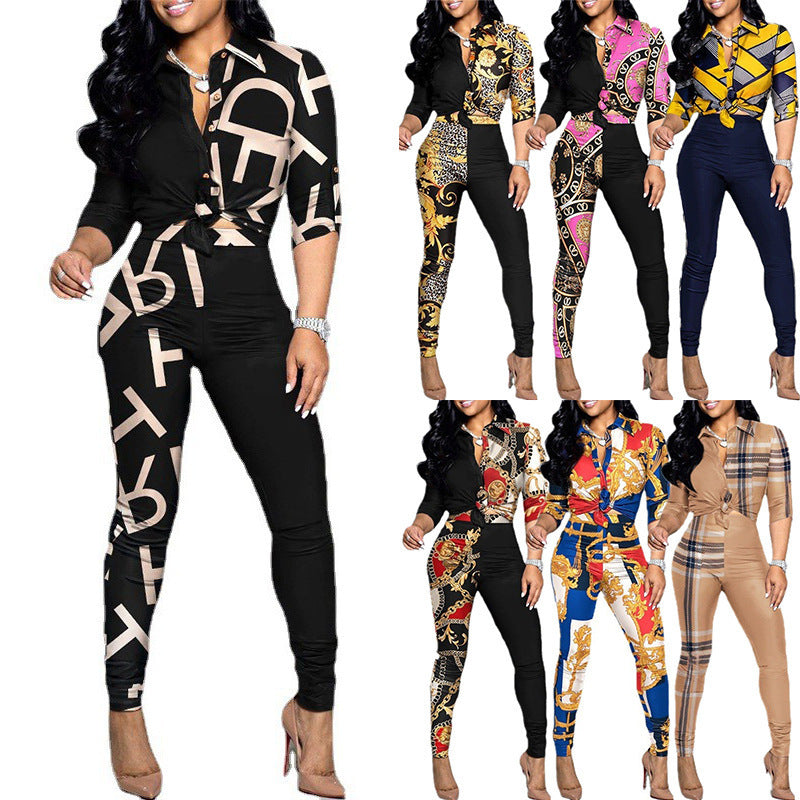 Women Fashion Casual Color-Block Printed Long-Sleeve Blouse Shirt Casual Pants Two-Piece Set