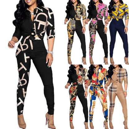 Women Fashion Casual Color-Block Printed Long-Sleeve Blouse Shirt Casual Pants Two-Piece Set